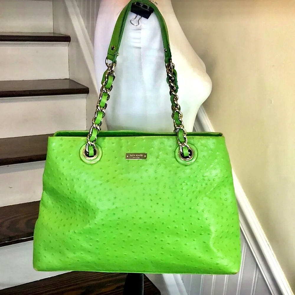 KATE SPADE Lime Green Embossed Ostrich Leather Oversized Tote w Silver Hardware